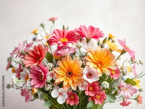 Fototapeta Colorful spring flowers arranged gracefully on a pastel paper background, gentle, joyful
