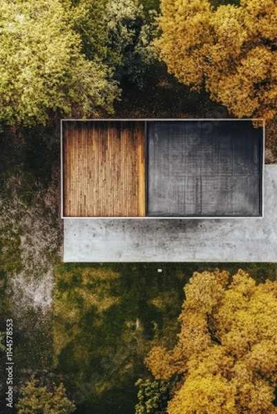 Fototapeta Modern architectural structure nestled in lush greenery, showcasing the harmony between design and nature, taken