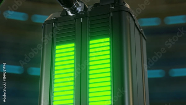 Fototapeta Closeup: Quick Charging in process - energy is in the green zone. Battery of the electric bike is ready to use.