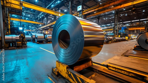 Obraz A roll of steel sheet in a factory setting.