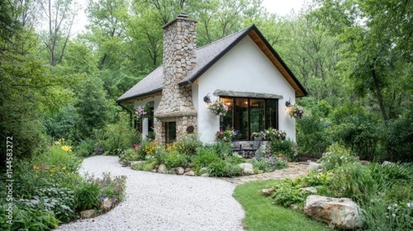 Obraz Charming stone and stucco cottage nestled in a lush garden.
