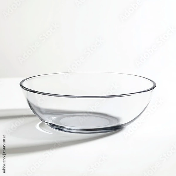 Fototapeta A shallow glass dish with a modern, minimalist design and a transparent finish on a white background