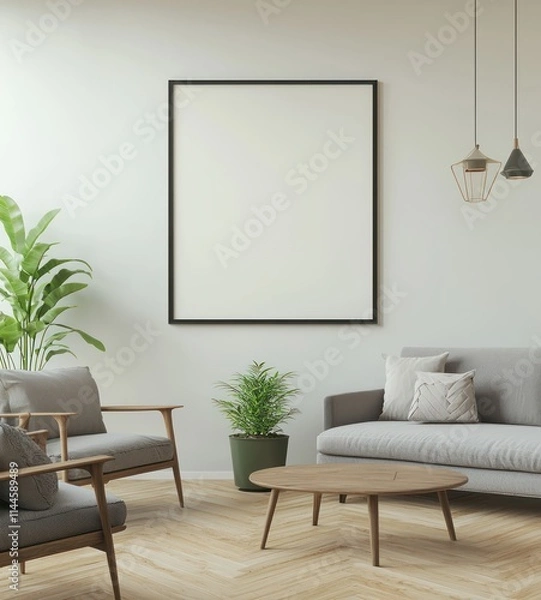 Fototapeta Modern room features an empty frame, soft lighting, and minimal wooden flooring.