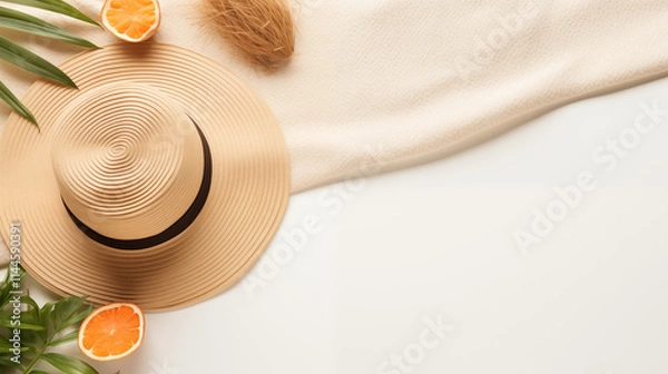 Fototapeta Minimalist summer composition with a straw hat, orange slices, and green leaves