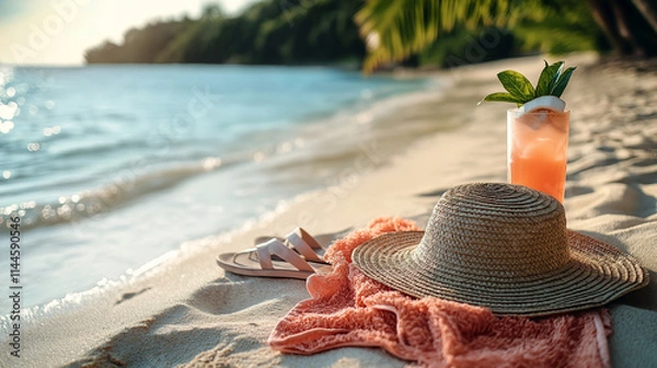 Fototapeta Coral blanket, straw hat, and refreshing drink on a sunny beach with ocean views