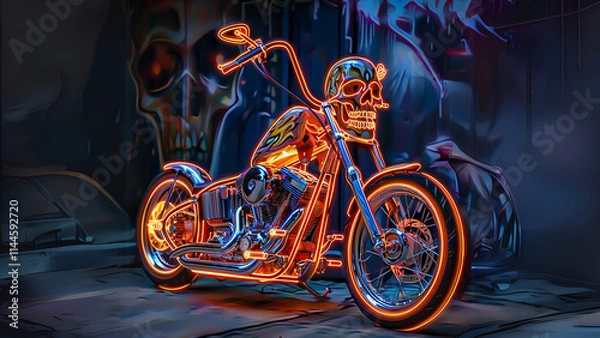 Fototapeta skull - Neon Skull Motorcycle in Cyberpunk Graffiti