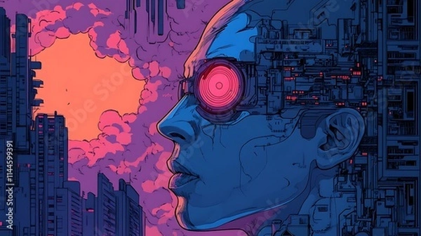 Fototapeta Cyberpunk android profile, futuristic city backdrop. (1)