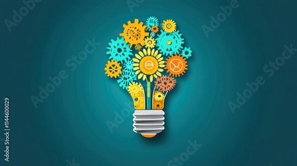 Fototapeta Innovation concept: A light bulb with gears and cogs inside, symbolizing creative thinking, brainstorming, and technological solutions. Vector illustration of inspired ideas and business innovation.