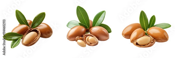 Fototapeta Set of Close-up of Moroccan Argania Spinosa nuts with vibrant green leaves on transparent png background