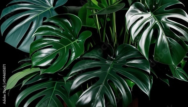 Fototapeta High-resolution photograph of dense, glossy green Monstera leaves, layered and overlapping, with natural lighting highlighting their texture and veins against a dark background.