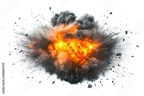 Fototapeta A dramatic depiction of an explosion captured in mid-blast isolated on a white background
