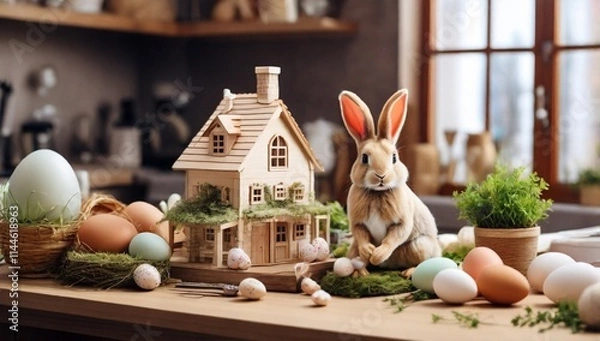 Fototapeta Key to house of cozy home with Easter decor with rabbit and eggs on table of kitchen. Building, design, project, moving to new house, mortgage, insurance, rent and purchase real estate

