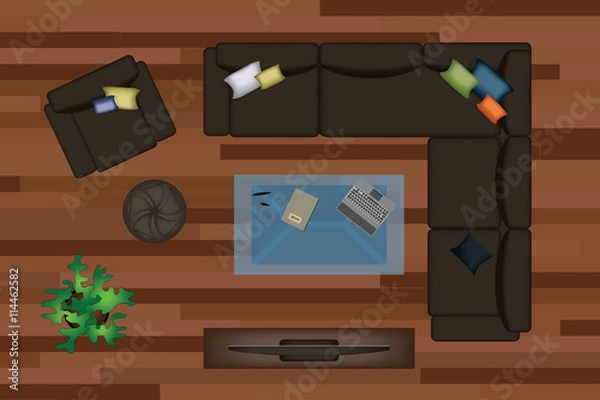 Fototapeta Interior icons top view with sofa armchair couch isolated vector illustration. Scene creator realistic  set.