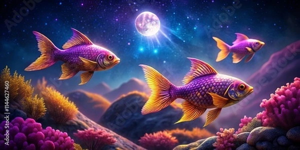 Fototapeta Colorful Fish Swimming Under Starry Sky