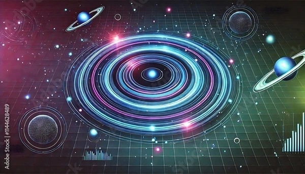 Fototapeta abstract cosmic landscape with swirling galaxies and planetary bodies, universe visualization, space and astronomy background, celestial bodies illustration background