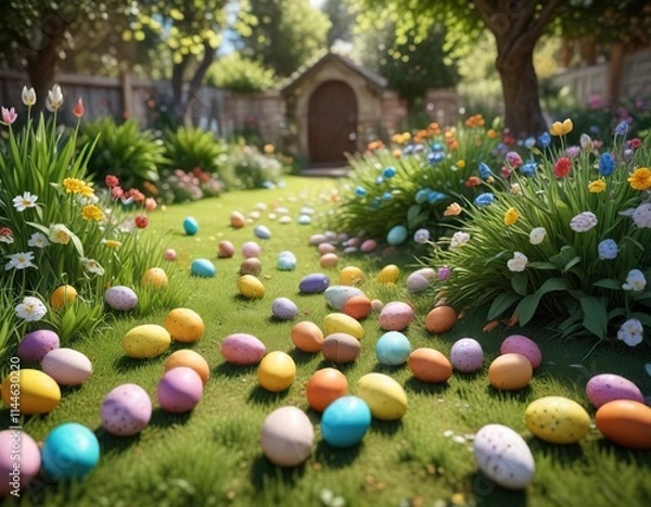 Fototapeta Easter egg hunt scene with hidden colorful eggs in the garden, tradition, hunt, excitement