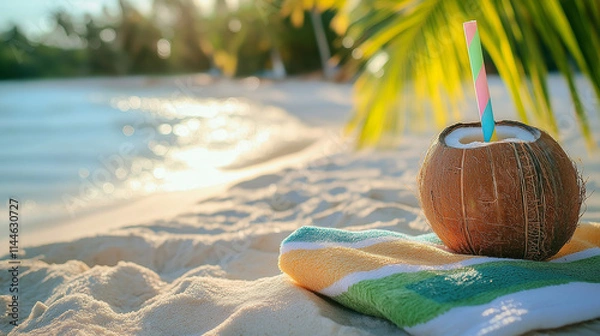 Fototapeta Tropical coconut drink on a colorful towel under palm shadows