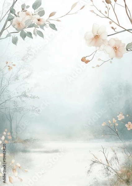Fototapeta Watercolor background of floral element,minimalistic and elegant,tree branches frame,banner