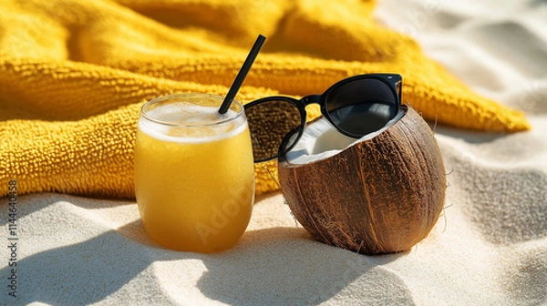 Fototapeta Coconut shell drink and frosty orange beverage on a sunny beach with a yellow towel