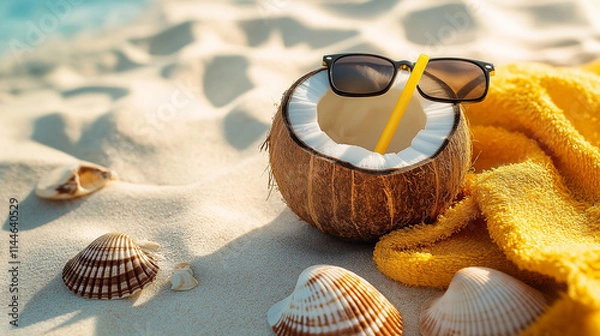 Fototapeta Coconut shell with sunglasses and seashells on a sandy beach with a vibrant yellow towel