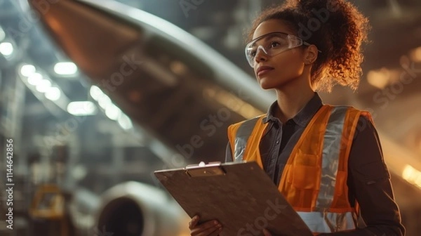 Obraz Professional Female Engineer in Safety Gear Holding Clipboard Inside Aircraft Hangar with Airplane in Background and Focused Expression