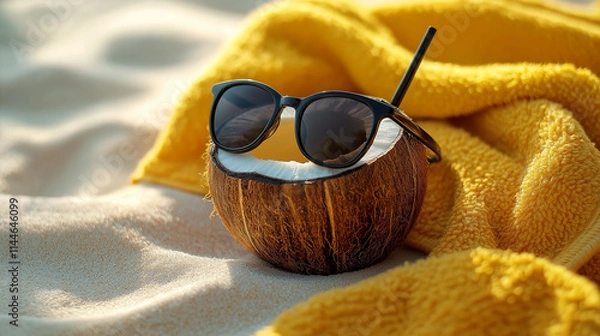 Fototapeta Coconut drink with sunglasses and seashells on a sandy beach, with a yellow towel