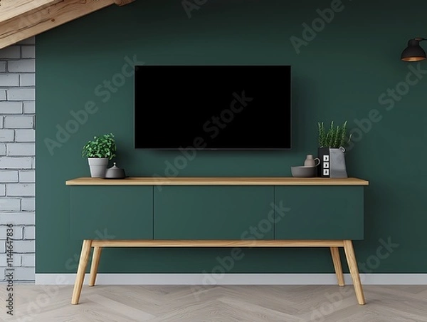 Fototapeta Modern Green Living Room with TV and Wooden Console