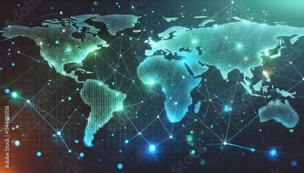 Fototapeta interconnected world map with glowing nodes and network lines, global communication network, international connectivity visualization, worldwide data transfer