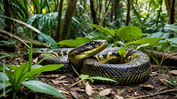 Fototapeta A close-up of a snake coiled gracefully, showcasing its smooth scales and striking patterns