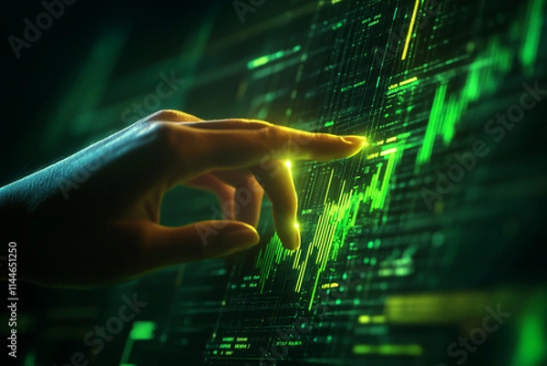 Fototapeta Hand touch digital financial graph, stock market data on screen, green and yellow color scheme