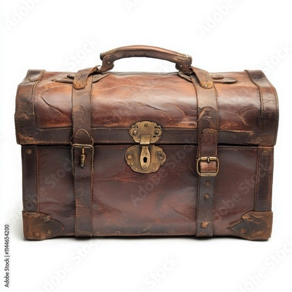 Fototapeta A rustic leather chest with worn edges and brass buckles on a white background 