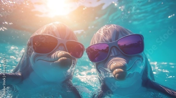 Obraz Two dolphins with sunglasses capturing selfies on a sunny ocean beach