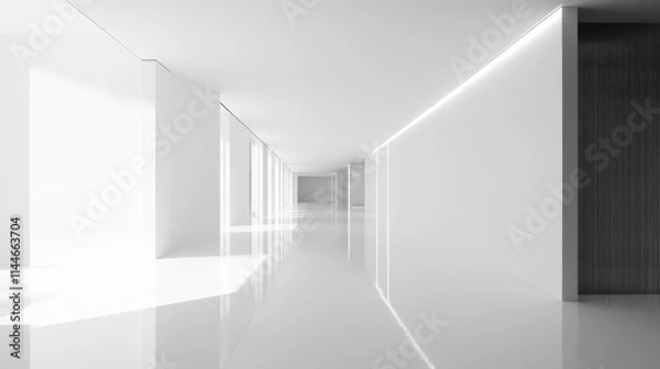 Fototapeta A bright and empty hall room with a blank white wall, glossy white floor, and evenly distributed LED lighting from the ceiling