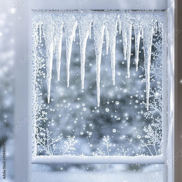 Fototapeta Charming winter window with icicles hanging down, watercolor, snowy