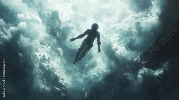 Fototapeta Generate a scene of an aerial artist suspended in the sky with exceptional flexibility, portrayed in a digital matte painting with stunning lighting effects