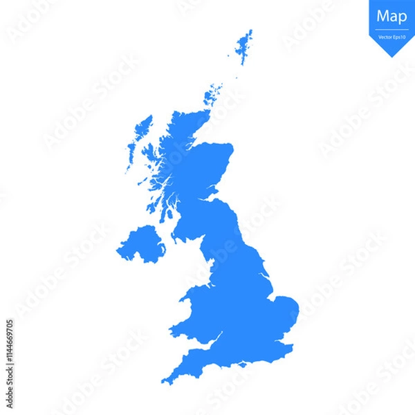 Obraz Blue map of United Kingdom isolated on white background. Vector illustration eps10.