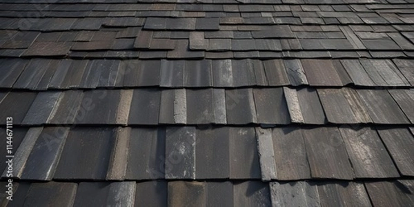Fototapeta Old asphalt shingle room with weathered ridge cap, aged, weathered surface