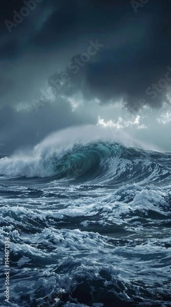 Fototapeta Ocean wave in a stormy sea with dark clouds and rough seas, sea storm., crashing wave