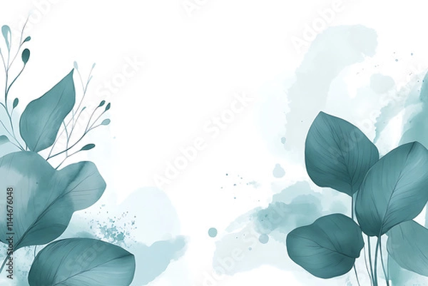 Fototapeta 
Background with void inside, hand drawn leaves in flat illustration style with watercolor effects, with green tones on white background.