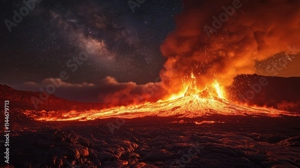 Fototapeta Lava stream flows from volcano illuminating the night sky over dark landscape