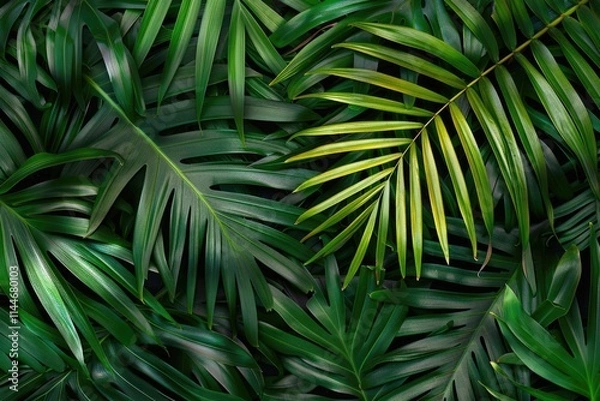Fototapeta Tropical palm leaves. Flat lay  top view