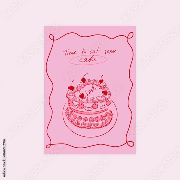 Fototapeta Minimalist hand drawn cake poster for wall art. Girly bakery sweet dessert sketch in elegant trendy retro 90s style, abstract modern print for restaurant cafe decoration. Vector illustration