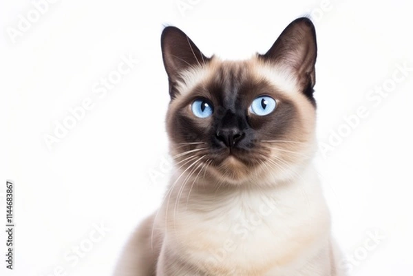 Fototapeta Portrait of a smiling siamese cat on white background