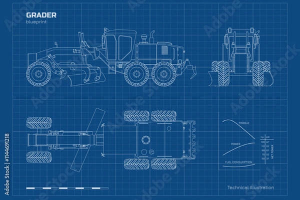Fototapeta Outline grader drawing. Industrial cargo transport. Side, top and front view of construction vehicle. Contour machine blueprint
