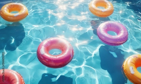 Fototapeta Enjoy summer fun with inflatable toys floating on the surface of the pool in this top-view illustration