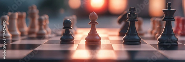 Obraz An aesthetically pleasing chess board with meticulously arranged pieces bathed in warm golden sunset light, evoking a strategic and contemplative atmosphere.