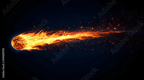 Fototapeta Fiery Orb Blazes Across Dark Space; Cosmic Fireball Streaks Swiftly Through the Void