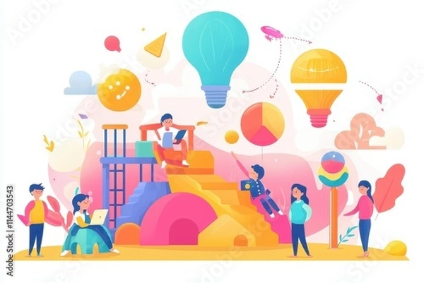 Fototapeta A vibrant illustration of children playing on a colorful playground with balloons and various playful elements in a cheerful, imaginative environment.