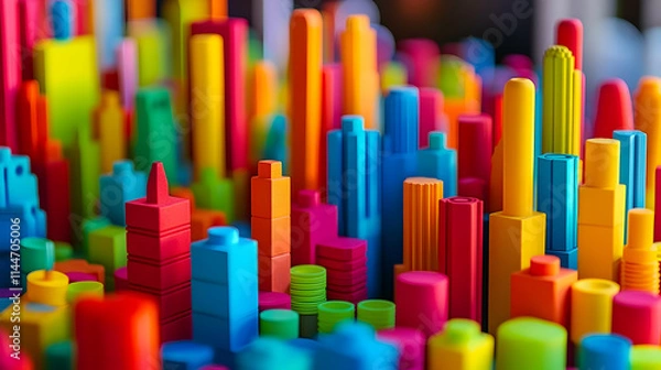 Fototapeta Colorful building blocks forming an abstract cityscape for creativity and learning