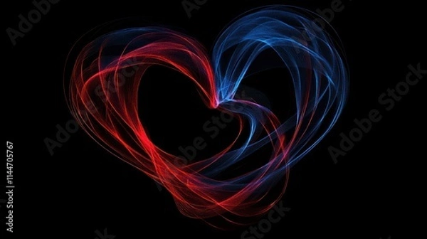 Fototapeta A vibrant, abstract heart shape created with swirling red and blue lines on a black background.